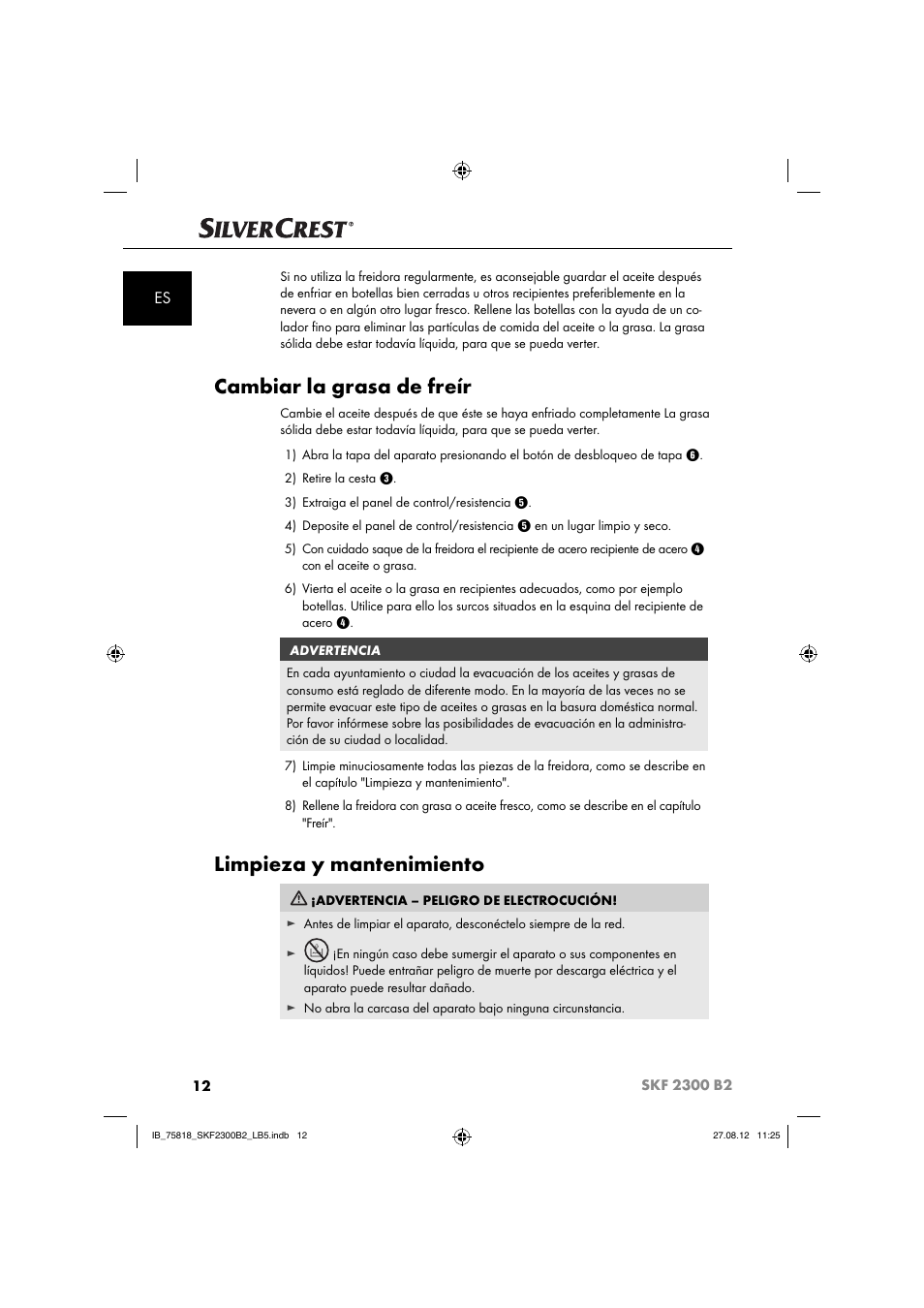 Cambiar la grasa de freír, Limpieza y mantenimiento | Silvercrest SKF 2300 B2 User Manual | Page 15 / 84