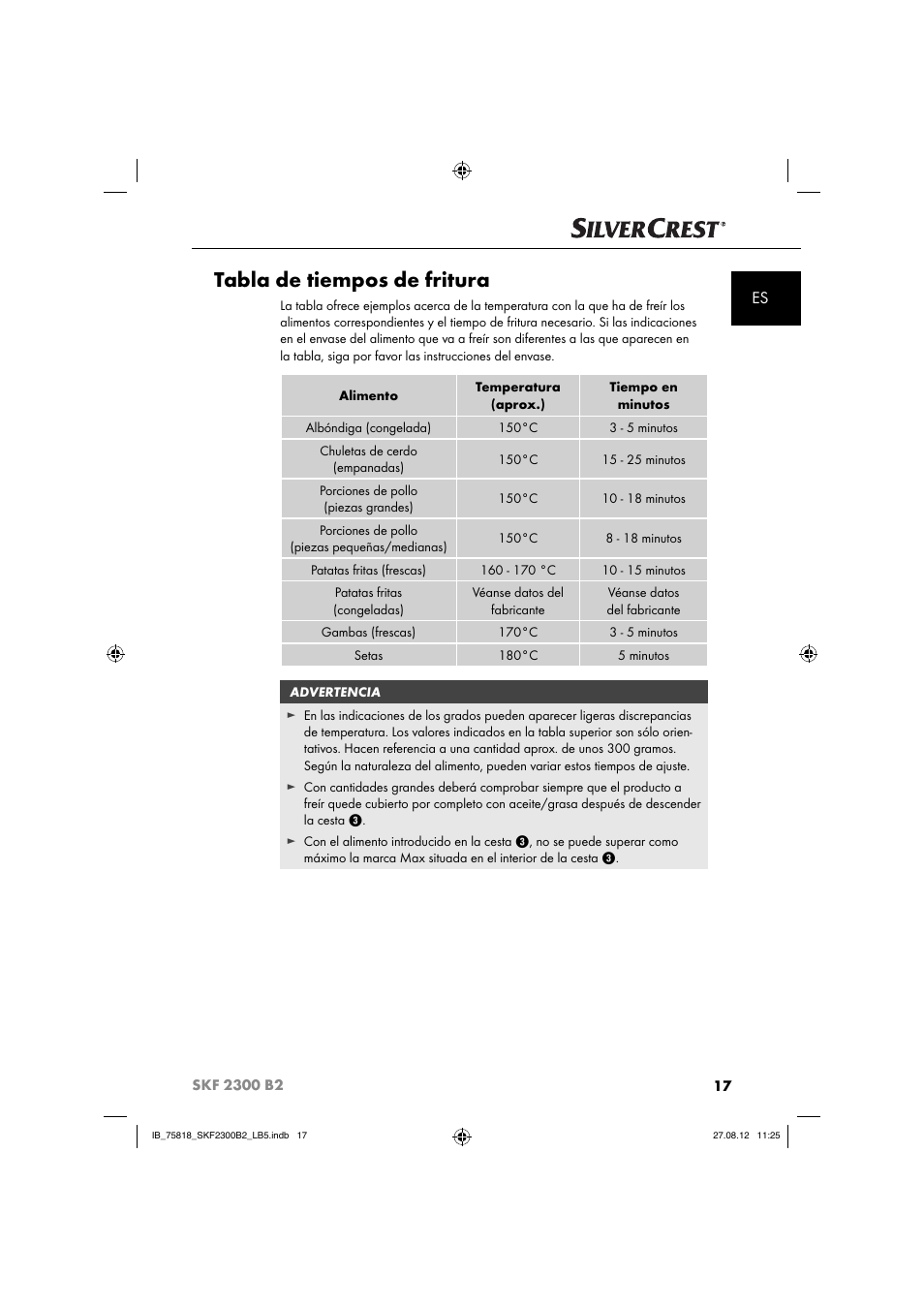 Tabla de tiempos de fritura | Silvercrest SKF 2300 B2 User Manual | Page 20 / 84