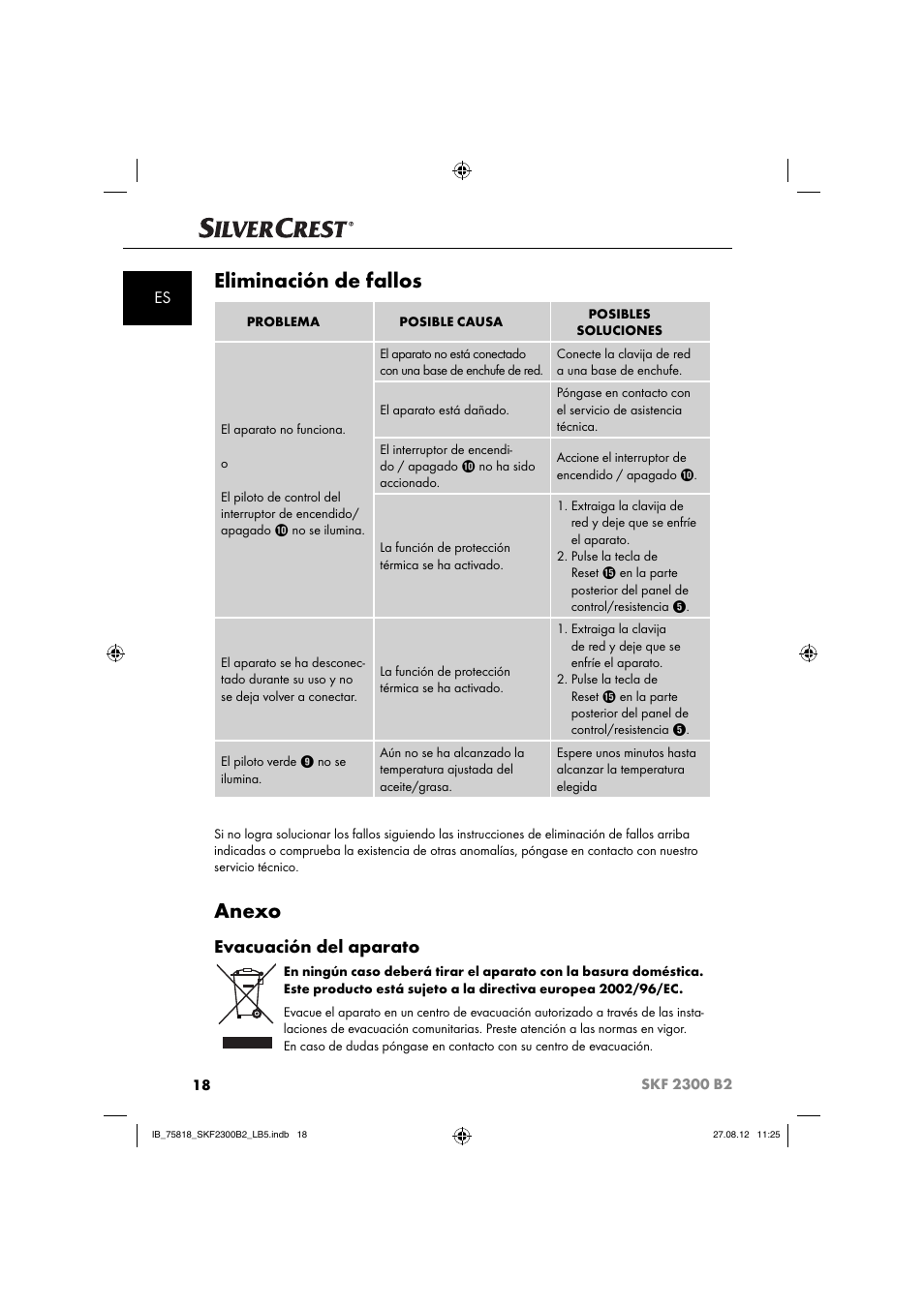 Eliminación de fallos, Anexo, Evacuación del aparato | Silvercrest SKF 2300 B2 User Manual | Page 21 / 84