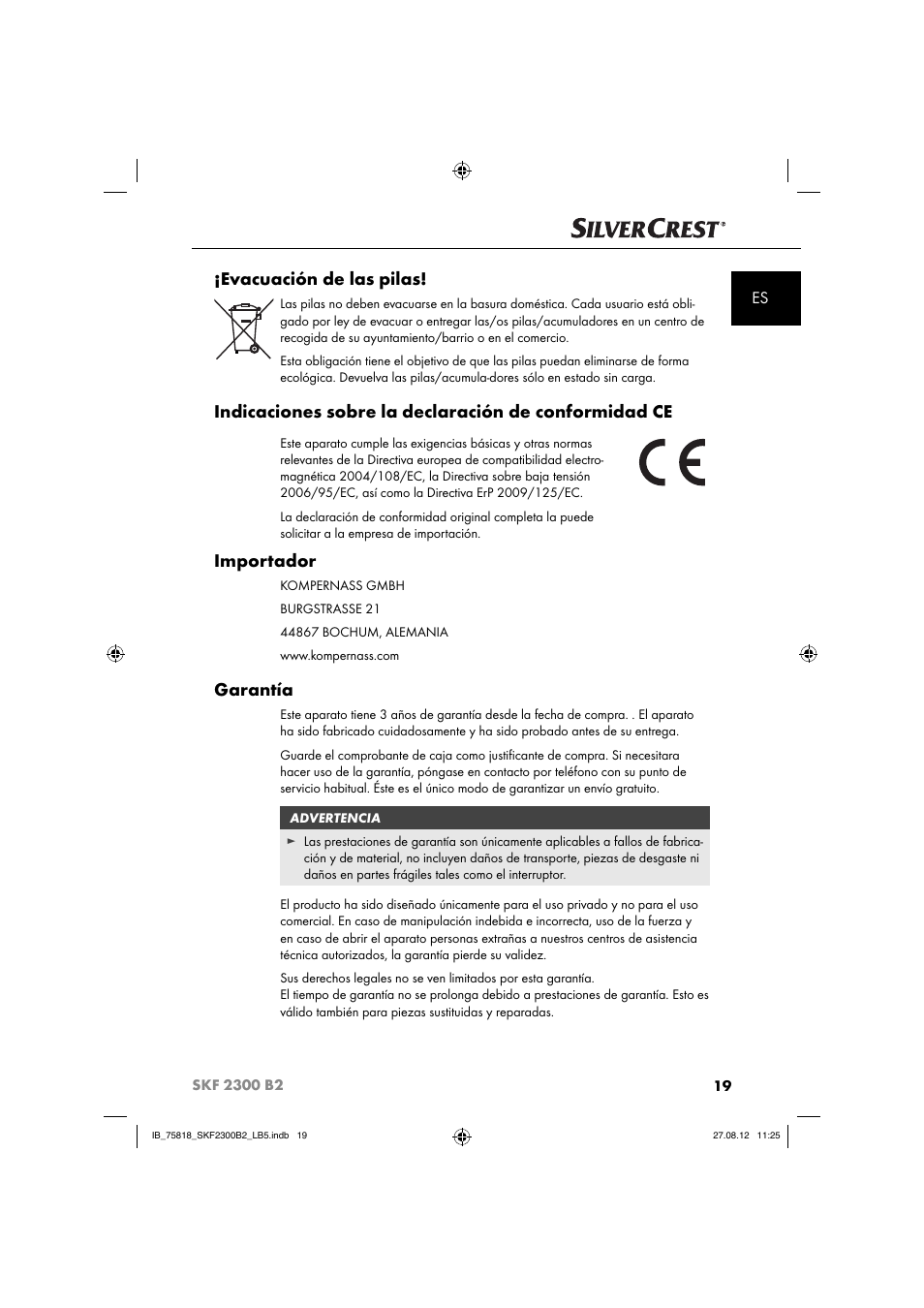 Evacuación de las pilas, Importador, Garantía | Silvercrest SKF 2300 B2 User Manual | Page 22 / 84