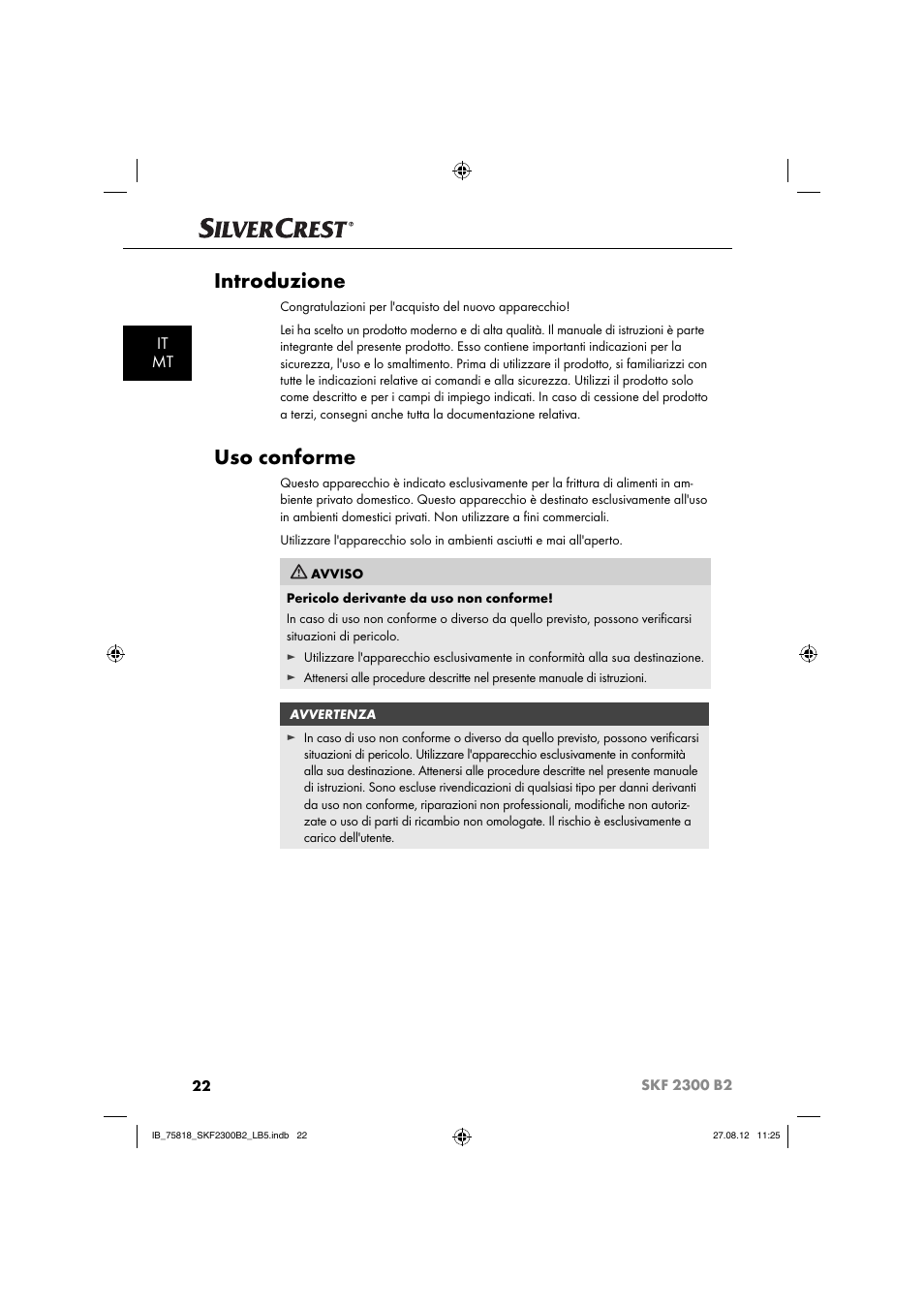Introduzione, Uso conforme, It mt | Silvercrest SKF 2300 B2 User Manual | Page 25 / 84