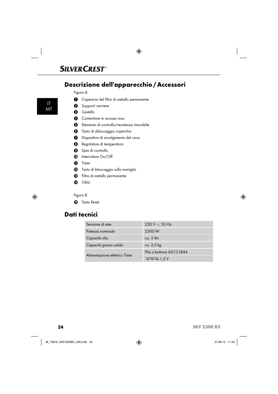 Descrizione dell'apparecchio / accessori, Dati tecnici, It mt | Silvercrest SKF 2300 B2 User Manual | Page 27 / 84
