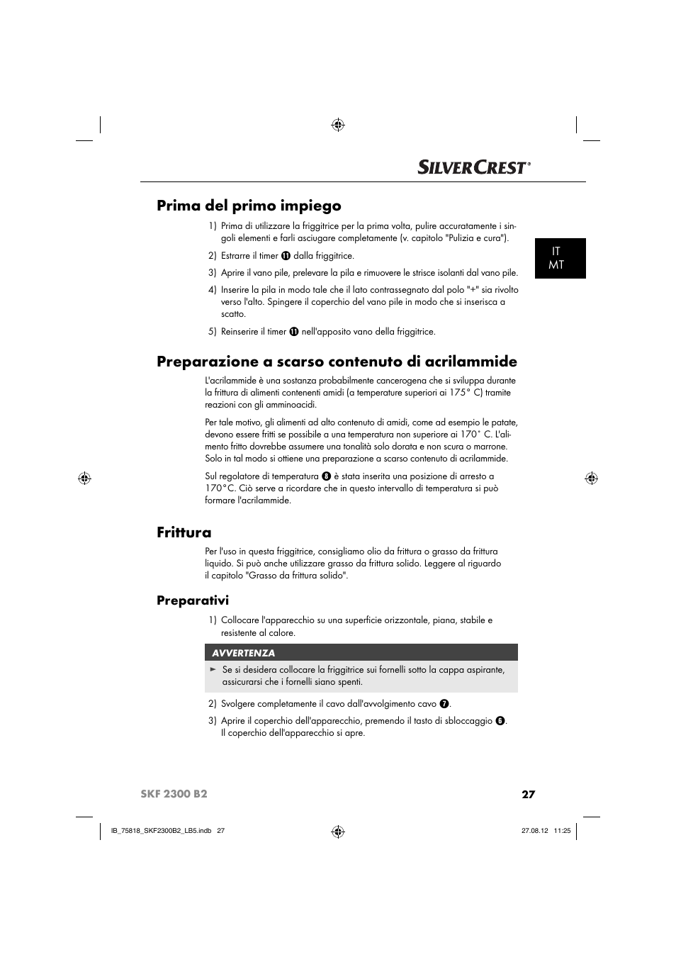 Prima del primo impiego, Preparazione a scarso contenuto di acrilammide, Frittura | Preparativi, It mt | Silvercrest SKF 2300 B2 User Manual | Page 30 / 84