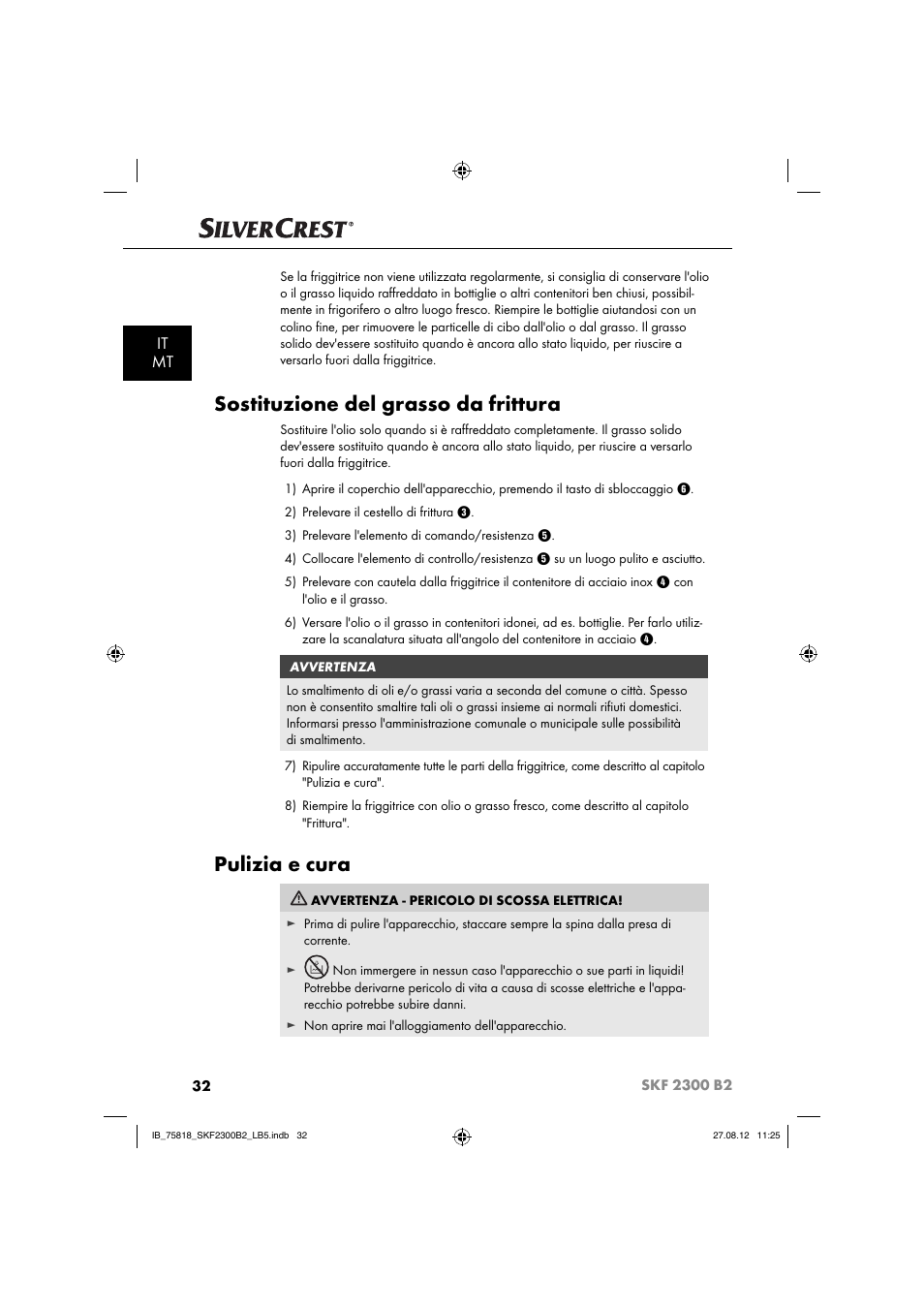 Sostituzione del grasso da frittura, Pulizia e cura, It mt | Silvercrest SKF 2300 B2 User Manual | Page 35 / 84