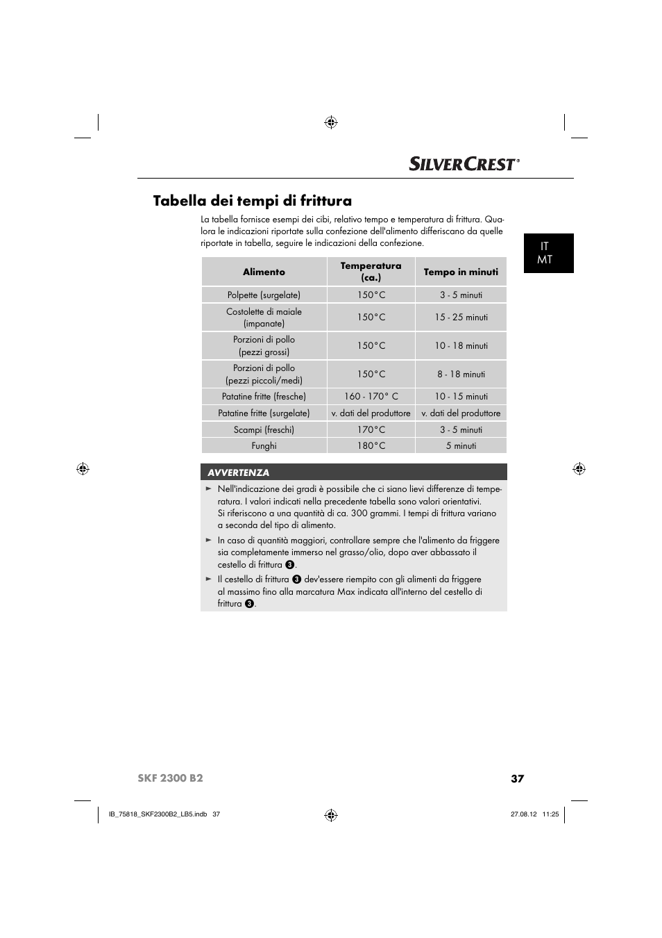 Tabella dei tempi di frittura, It mt | Silvercrest SKF 2300 B2 User Manual | Page 40 / 84