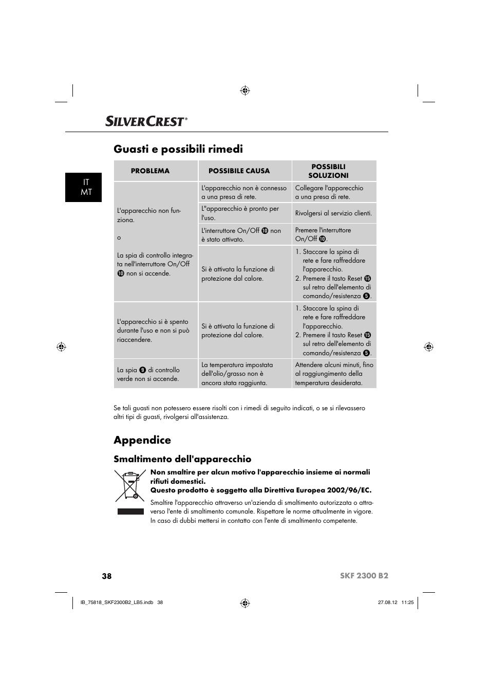 Guasti e possibili rimedi, Appendice, Smaltimento dell'apparecchio | It mt | Silvercrest SKF 2300 B2 User Manual | Page 41 / 84