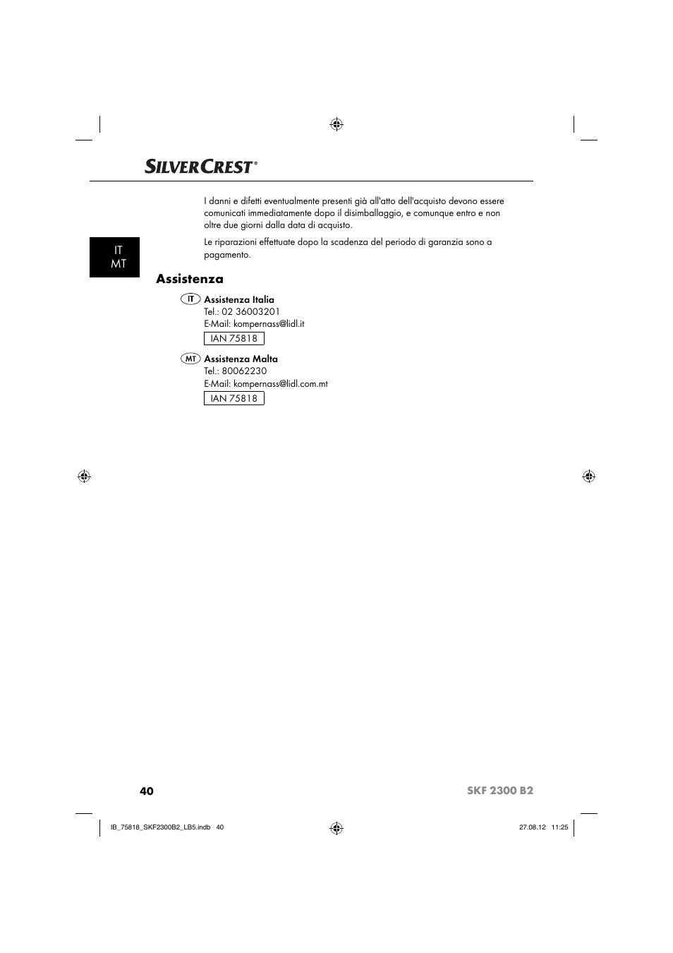 Assistenza, It mt | Silvercrest SKF 2300 B2 User Manual | Page 43 / 84