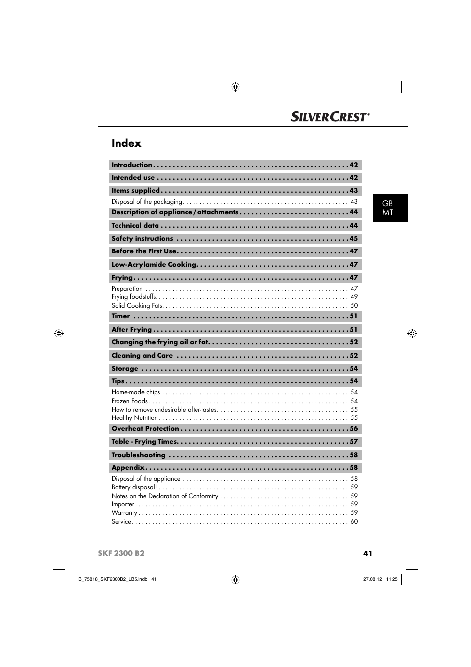 Index, Gb mt | Silvercrest SKF 2300 B2 User Manual | Page 44 / 84