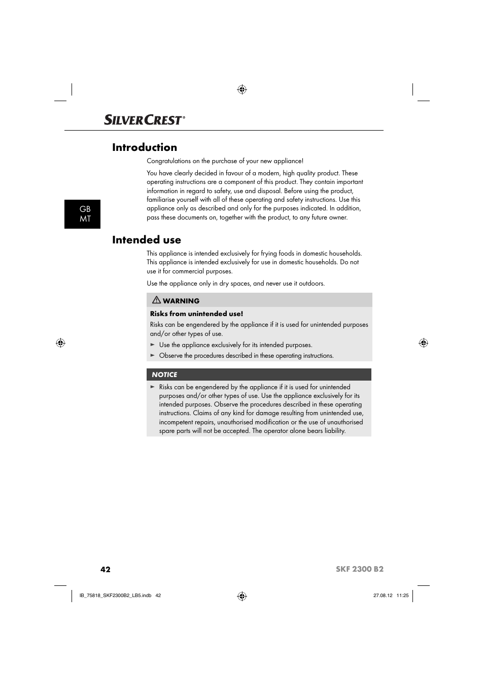 Introduction, Intended use, Gb mt | Silvercrest SKF 2300 B2 User Manual | Page 45 / 84