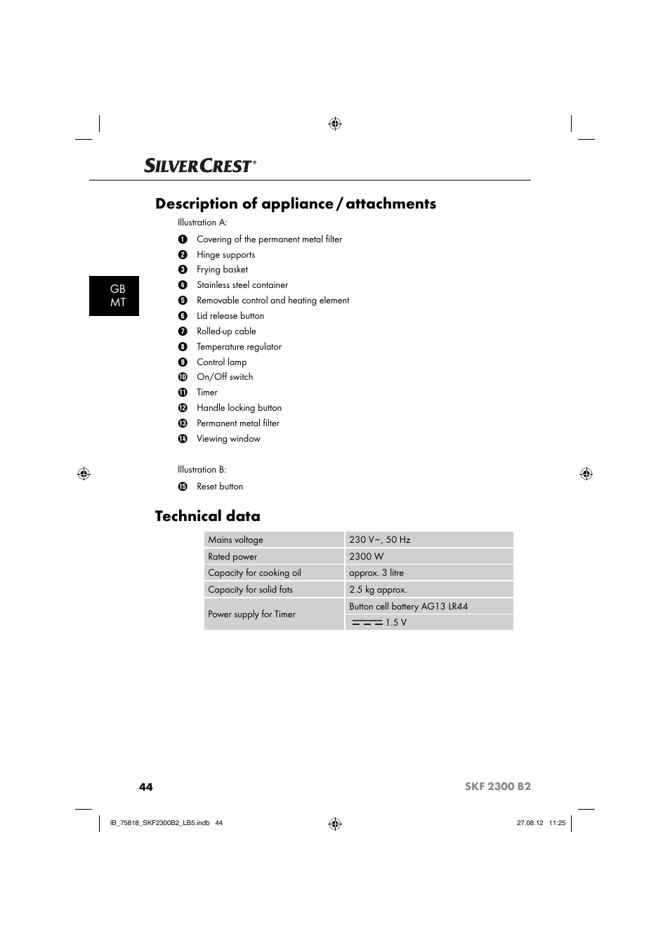 Description of appliance / attachments, Technical data, Gb mt | Silvercrest SKF 2300 B2 User Manual | Page 47 / 84