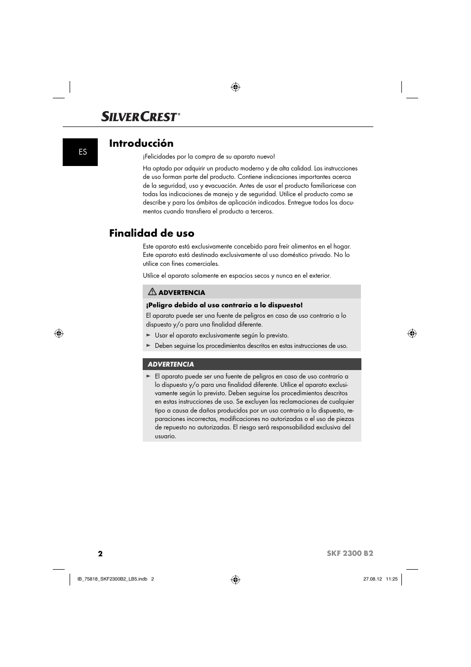 Introducción, Finalidad de uso | Silvercrest SKF 2300 B2 User Manual | Page 5 / 84