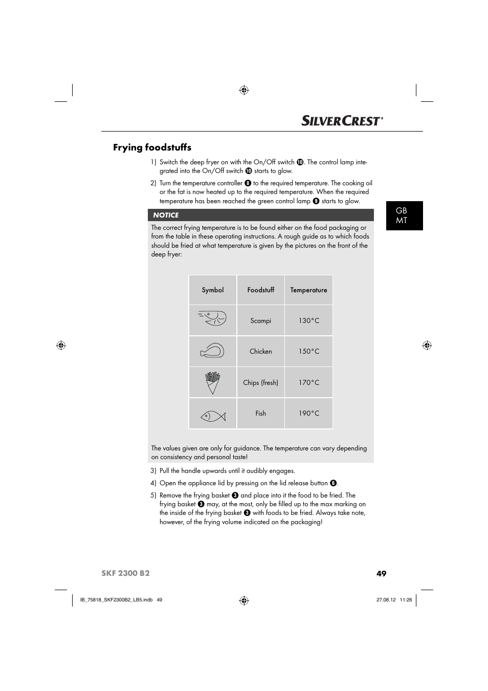 Frying foodstuﬀ s, Gb mt | Silvercrest SKF 2300 B2 User Manual | Page 52 / 84