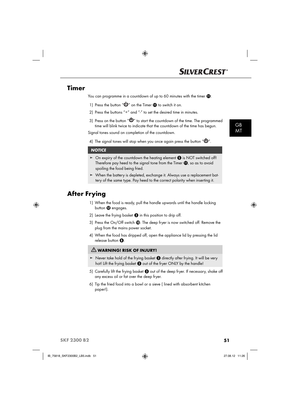 Timer, After frying, Gb mt | Silvercrest SKF 2300 B2 User Manual | Page 54 / 84
