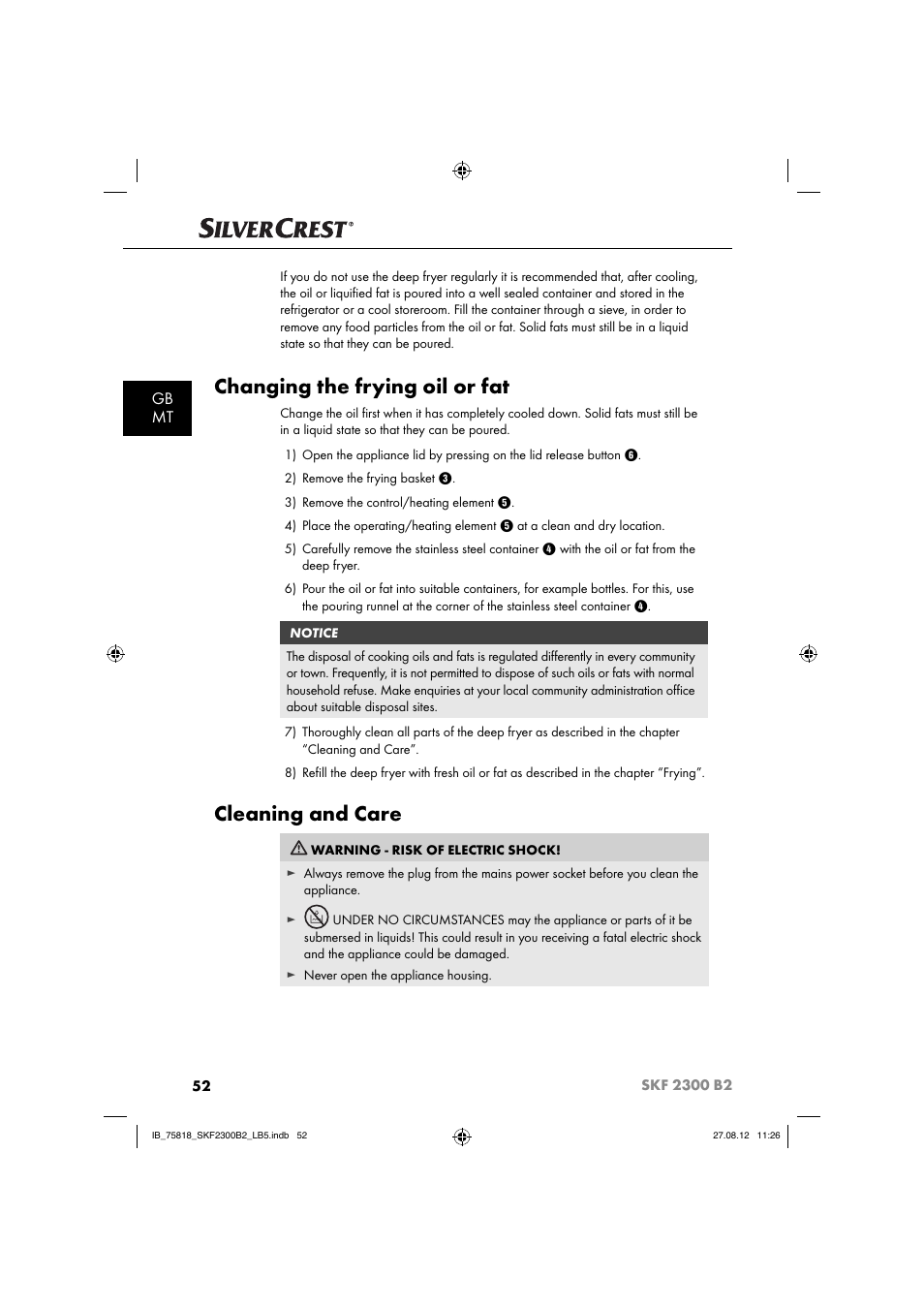 Changing the frying oil or fat, Cleaning and care, Gb mt | Silvercrest SKF 2300 B2 User Manual | Page 55 / 84