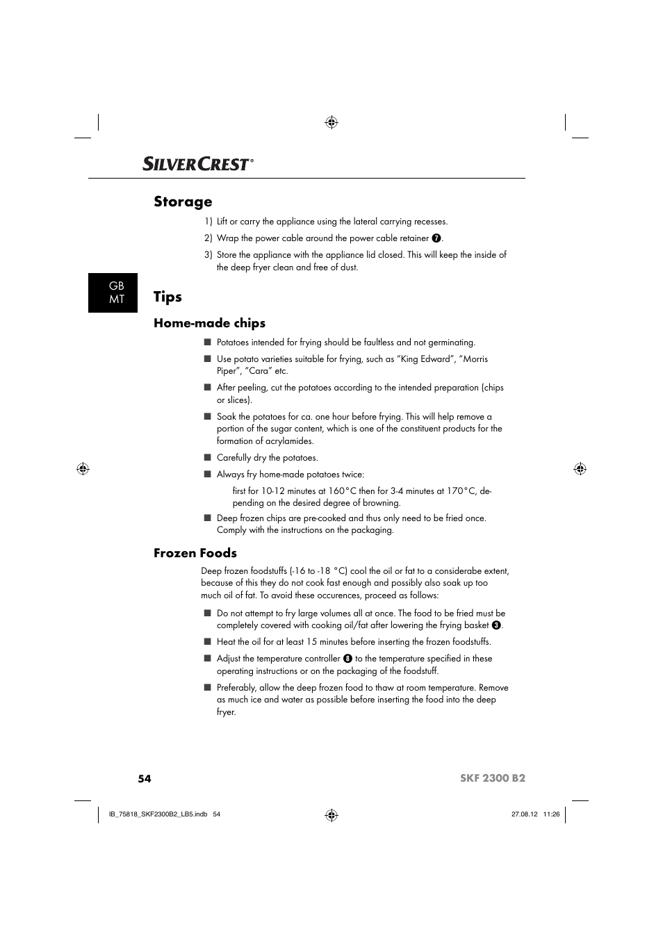 Storage, Tips, Home-made chips | Frozen foods, Gb mt | Silvercrest SKF 2300 B2 User Manual | Page 57 / 84