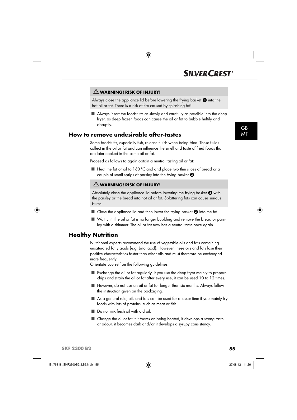 How to remove undesirable after-tastes, Healthy nutrition, Gb mt | Silvercrest SKF 2300 B2 User Manual | Page 58 / 84