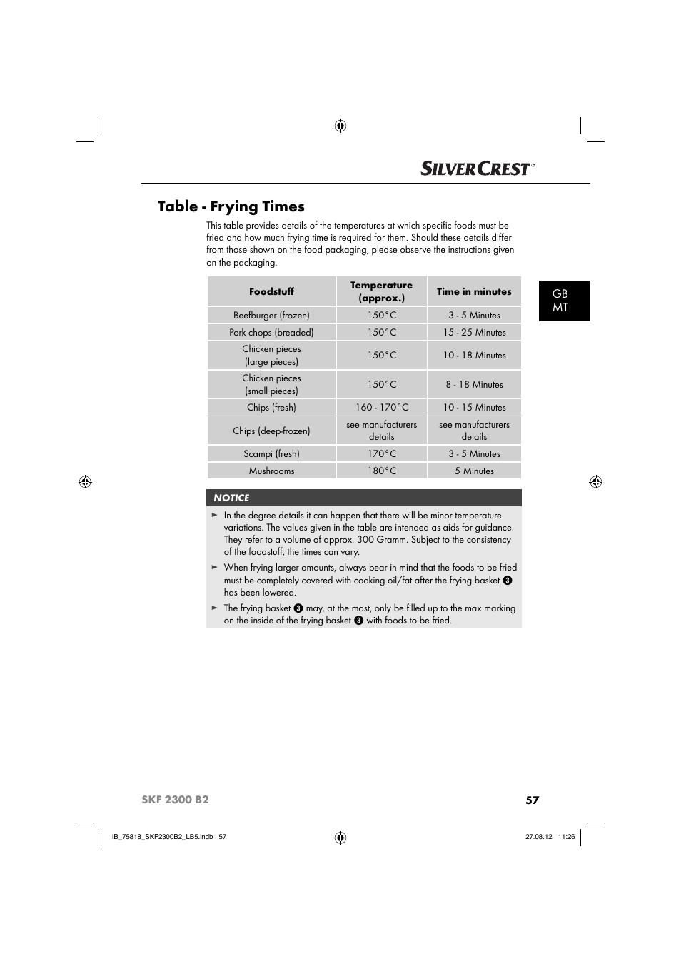 Table - frying times, Gb mt | Silvercrest SKF 2300 B2 User Manual | Page 60 / 84