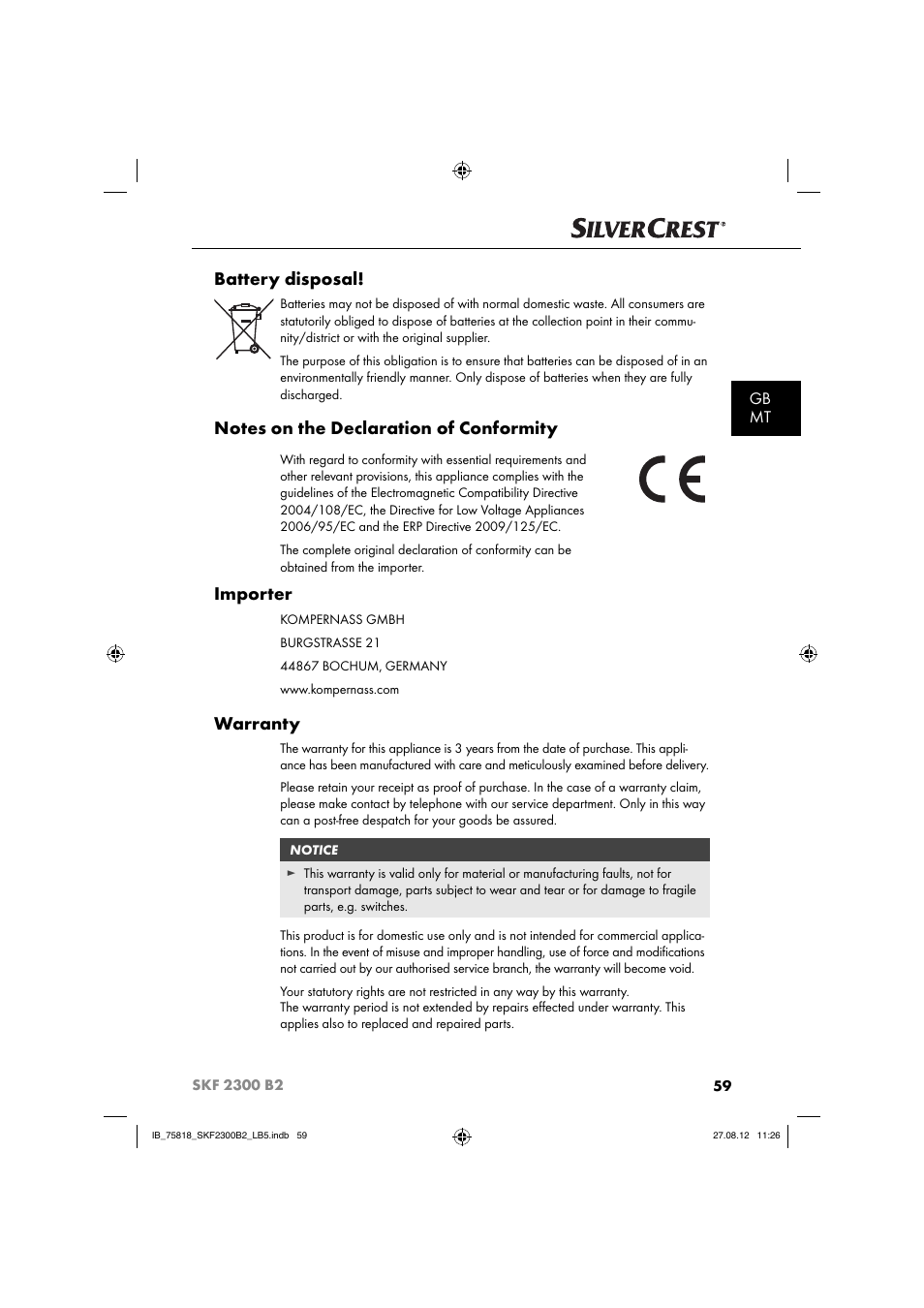 Battery disposal, Importer, Warranty | Gb mt | Silvercrest SKF 2300 B2 User Manual | Page 62 / 84