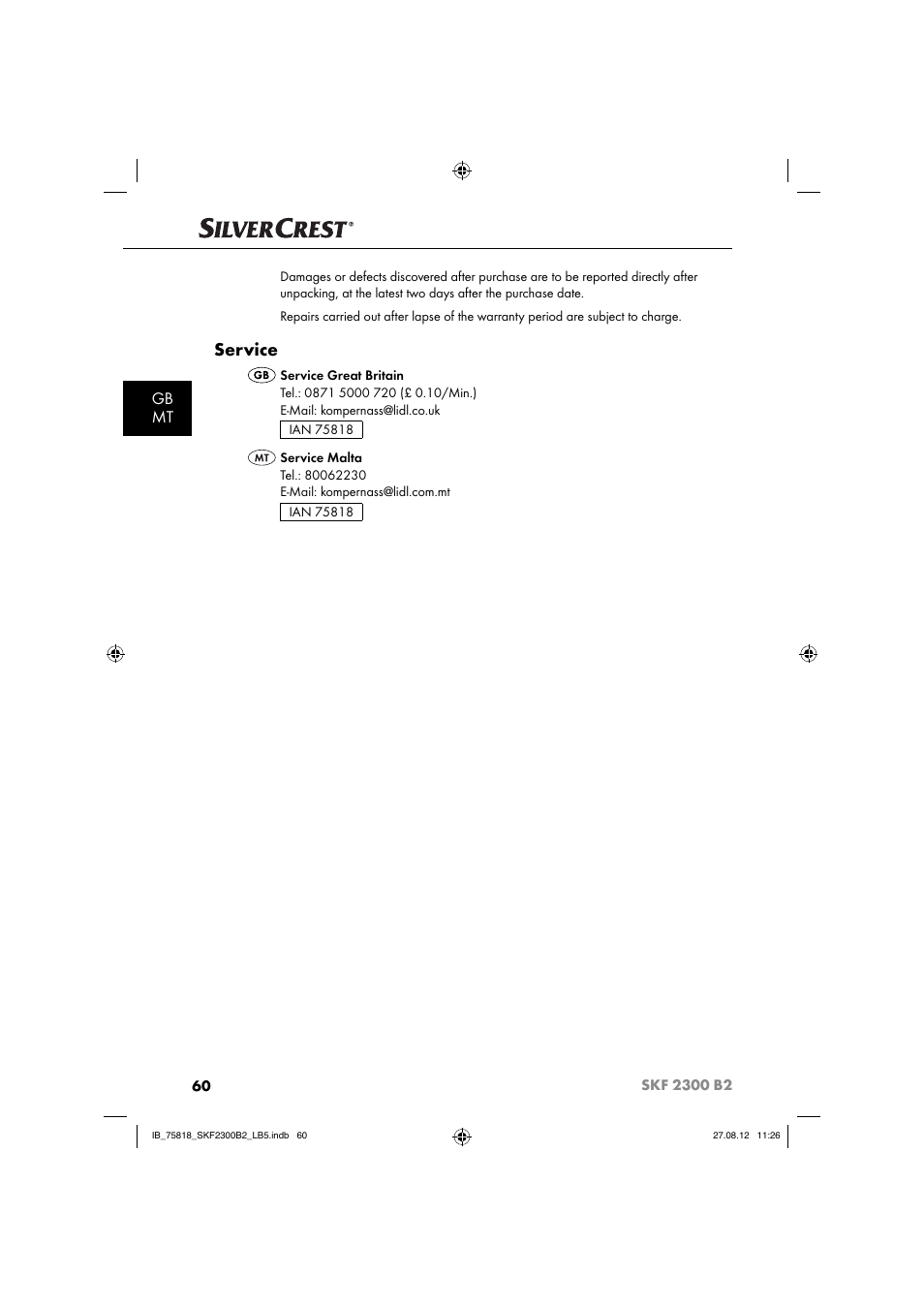 Service, Gb mt | Silvercrest SKF 2300 B2 User Manual | Page 63 / 84