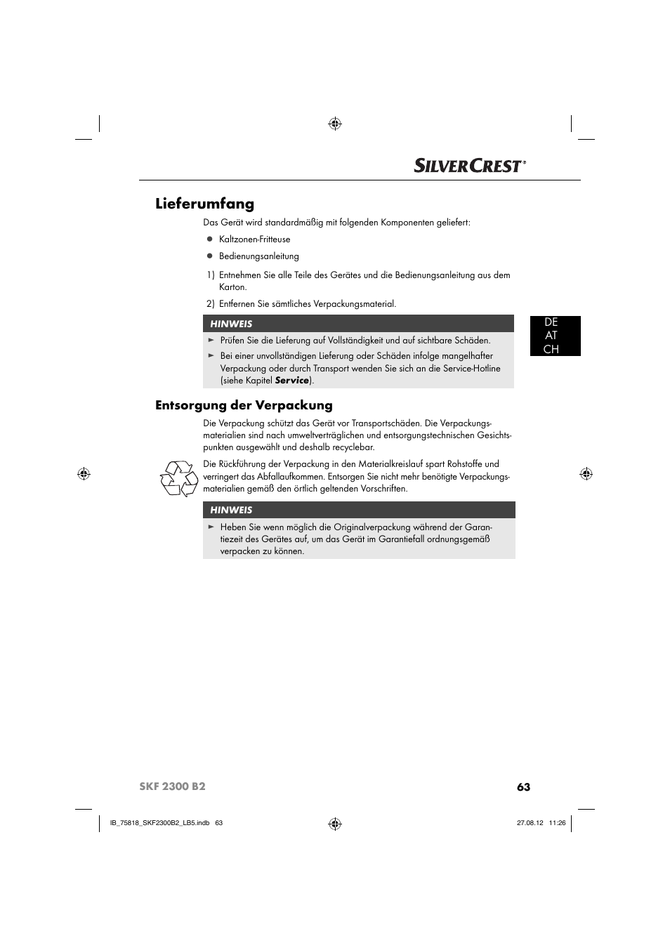 Lieferumfang, Entsorgung der verpackung, De at ch | Silvercrest SKF 2300 B2 User Manual | Page 66 / 84