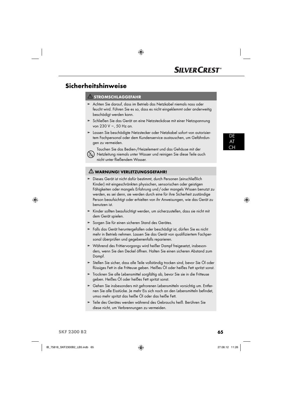 Sicherheitshinweise, De at ch | Silvercrest SKF 2300 B2 User Manual | Page 68 / 84