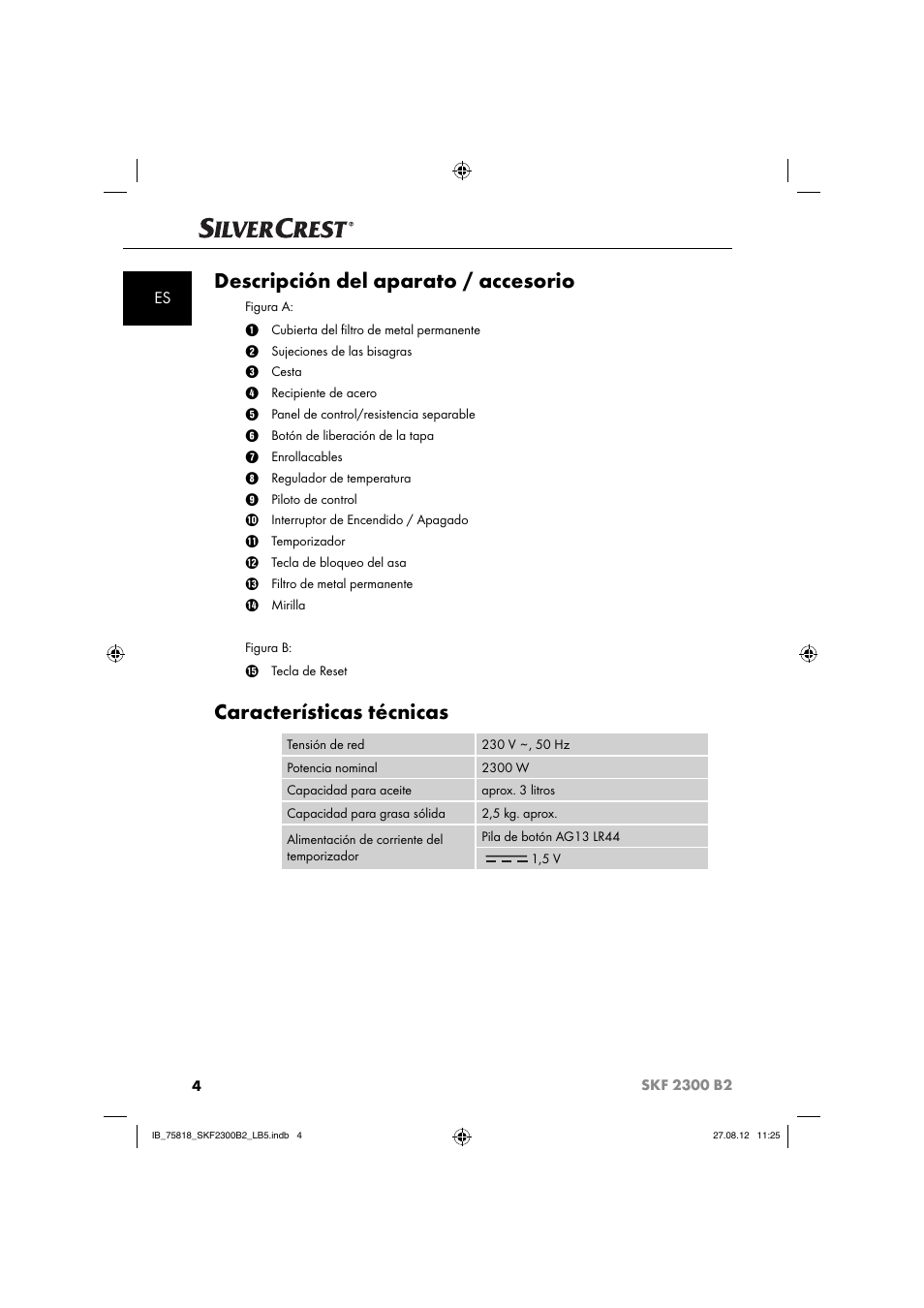 Descripción del aparato / accesorio, Características técnicas | Silvercrest SKF 2300 B2 User Manual | Page 7 / 84