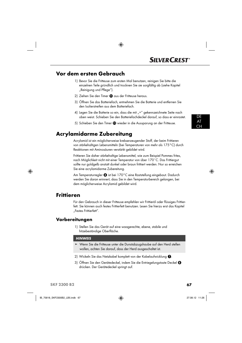 Vor dem ersten gebrauch, Acrylamidarme zubereitung, Frittieren | Vorbereitungen, De at ch | Silvercrest SKF 2300 B2 User Manual | Page 70 / 84