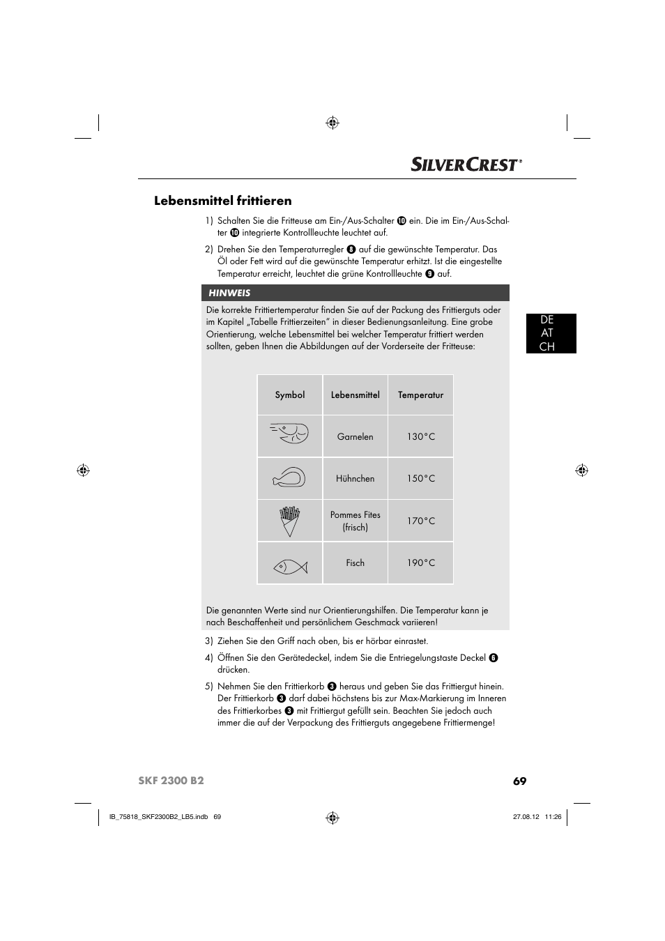 Lebensmittel frittieren, De at ch | Silvercrest SKF 2300 B2 User Manual | Page 72 / 84