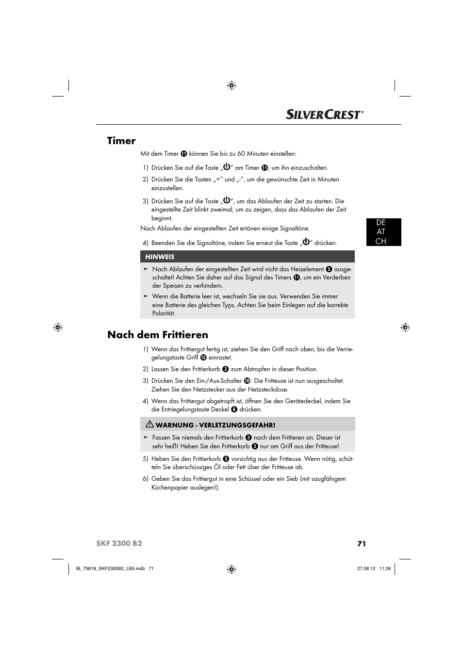 Timer, Nach dem frittieren, De at ch | Silvercrest SKF 2300 B2 User Manual | Page 74 / 84