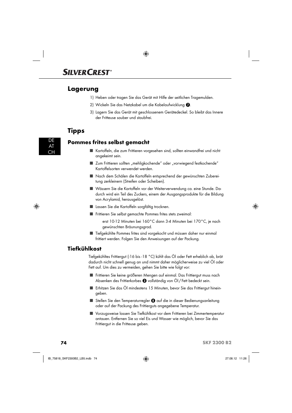 Lagerung, Tipps, Pommes frites selbst gemacht | Tiefkühlkost, De at ch | Silvercrest SKF 2300 B2 User Manual | Page 77 / 84