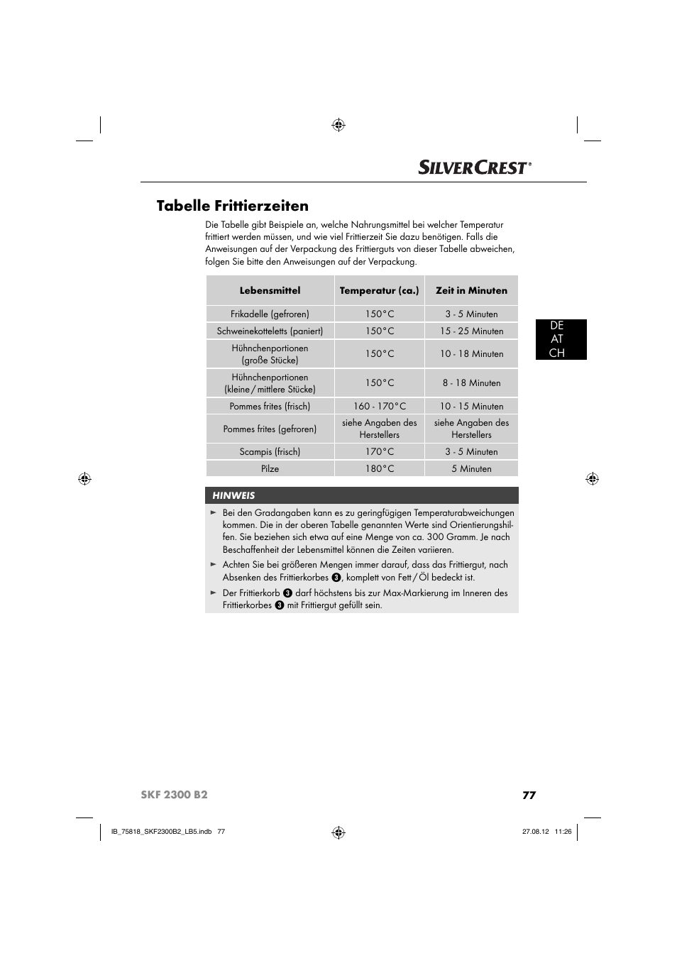 Tabelle frittierzeiten, De at ch | Silvercrest SKF 2300 B2 User Manual | Page 80 / 84