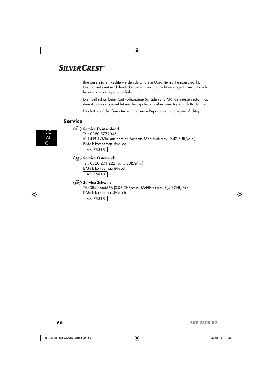 Service, De at ch | Silvercrest SKF 2300 B2 User Manual | Page 83 / 84