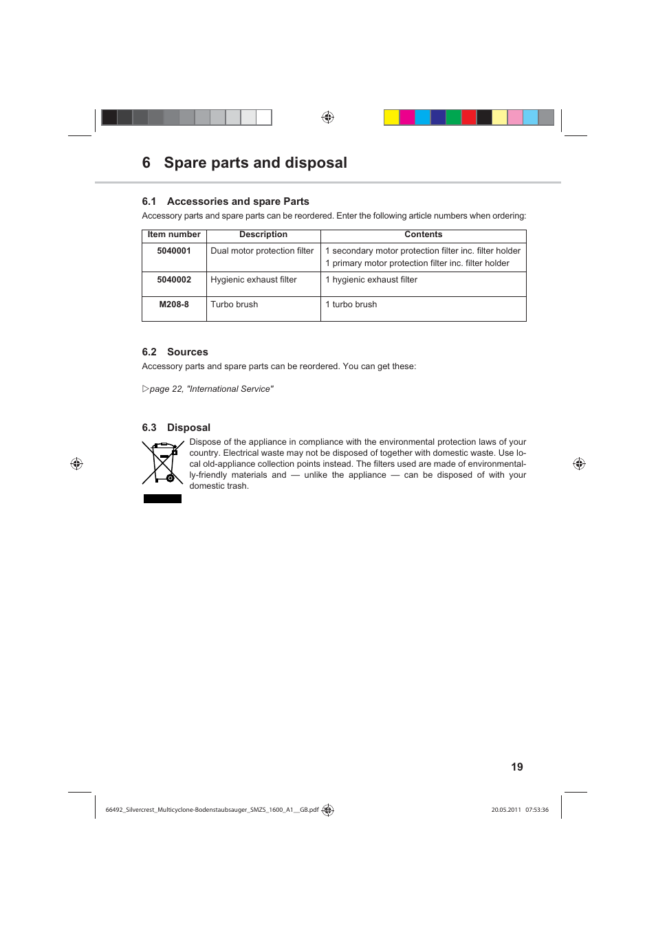 6 spare parts and disposal | Silvercrest SMZS 1600 A1 User Manual | Page 19 / 24