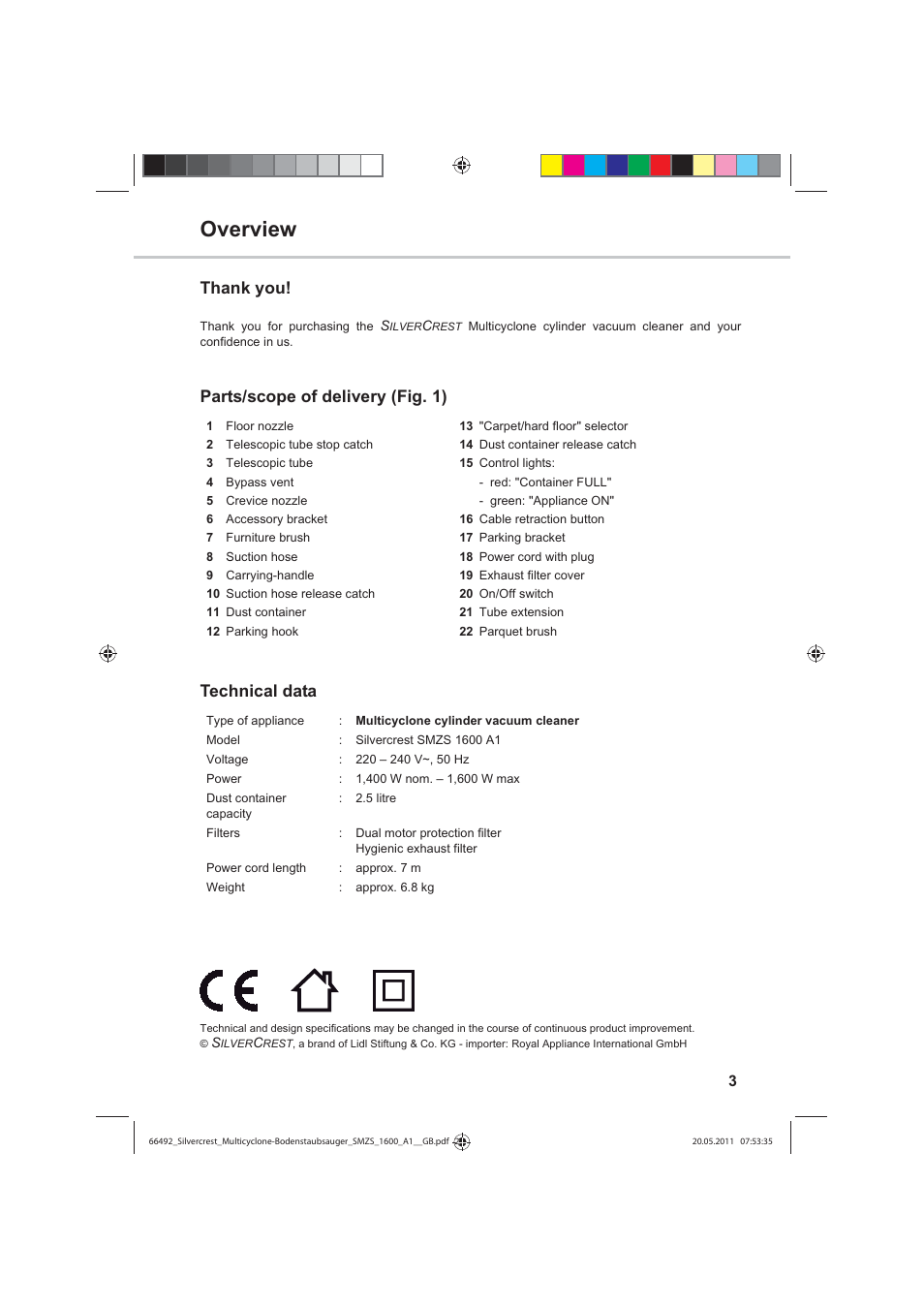 Overview, Parts/scope of delivery (fig. 1) technical data | Silvercrest SMZS 1600 A1 User Manual | Page 3 / 24