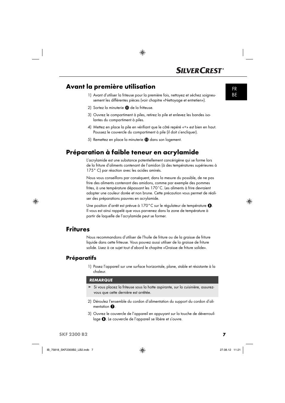 Avant la première utilisation, Préparation à faible teneur en acrylamide, Fritures | Préparatifs, Fr be | Silvercrest SKF 2300 B2 User Manual | Page 10 / 84