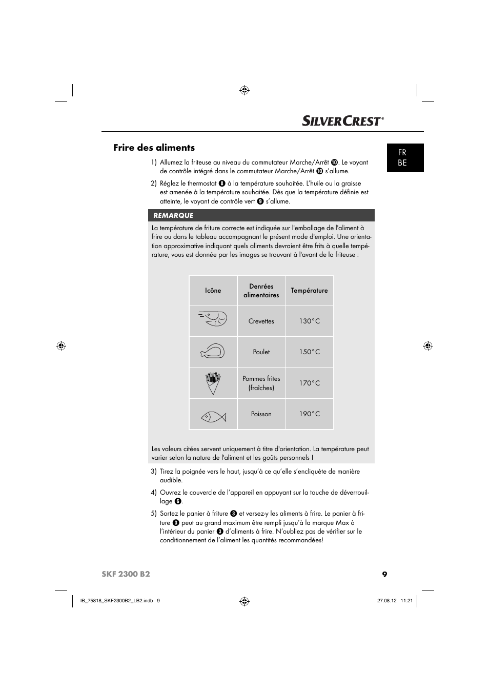 Frire des aliments, Fr be | Silvercrest SKF 2300 B2 User Manual | Page 12 / 84