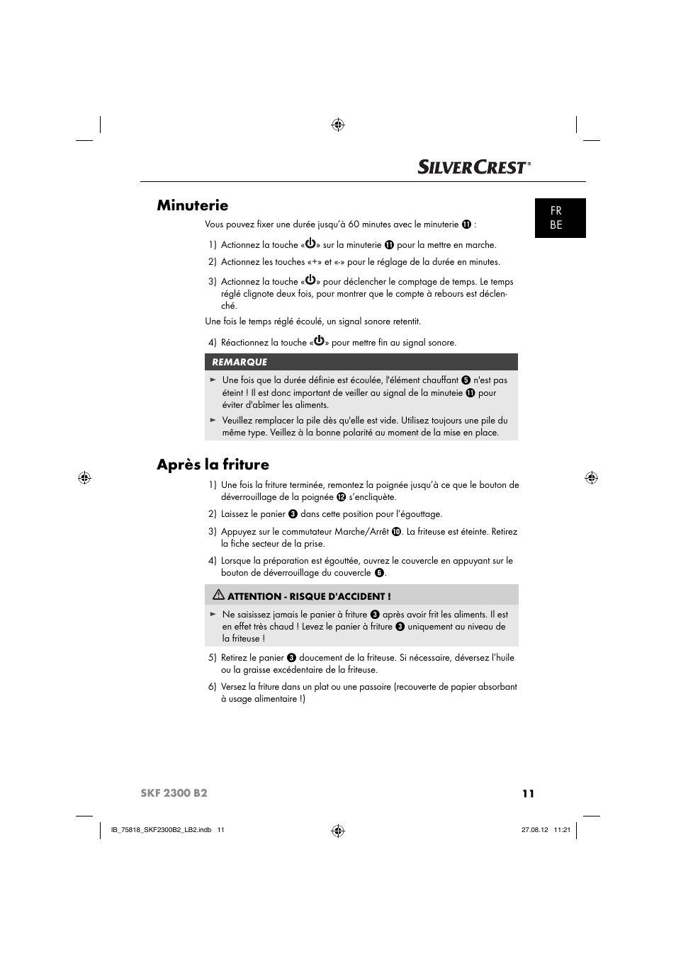 Minuterie, Après la friture, Fr be | Silvercrest SKF 2300 B2 User Manual | Page 14 / 84