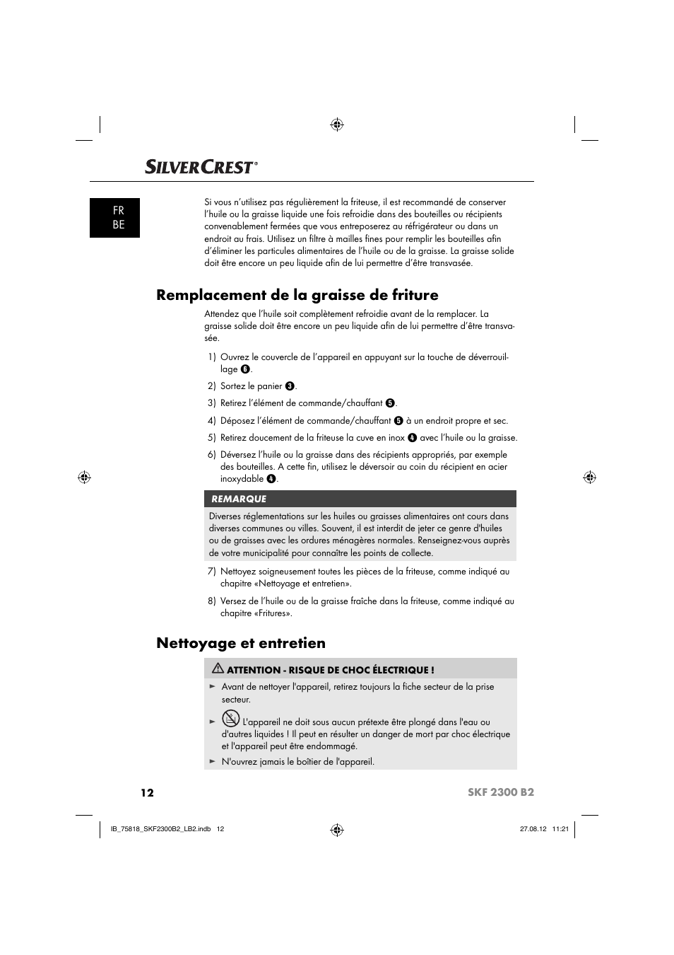 Remplacement de la graisse de friture, Nettoyage et entretien, Fr be | Silvercrest SKF 2300 B2 User Manual | Page 15 / 84