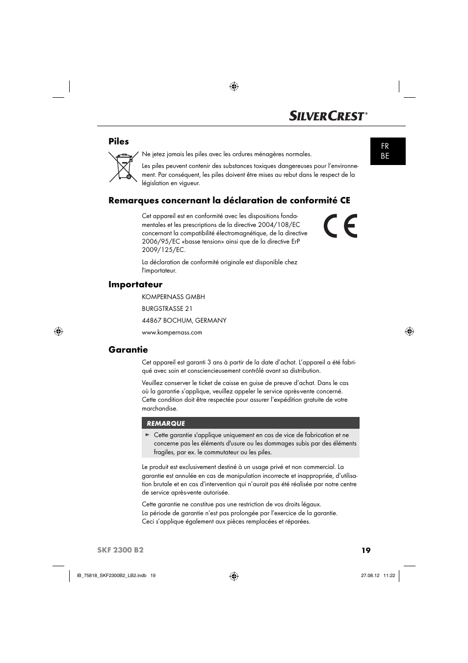 Piles, Importateur, Garantie | Fr be | Silvercrest SKF 2300 B2 User Manual | Page 22 / 84