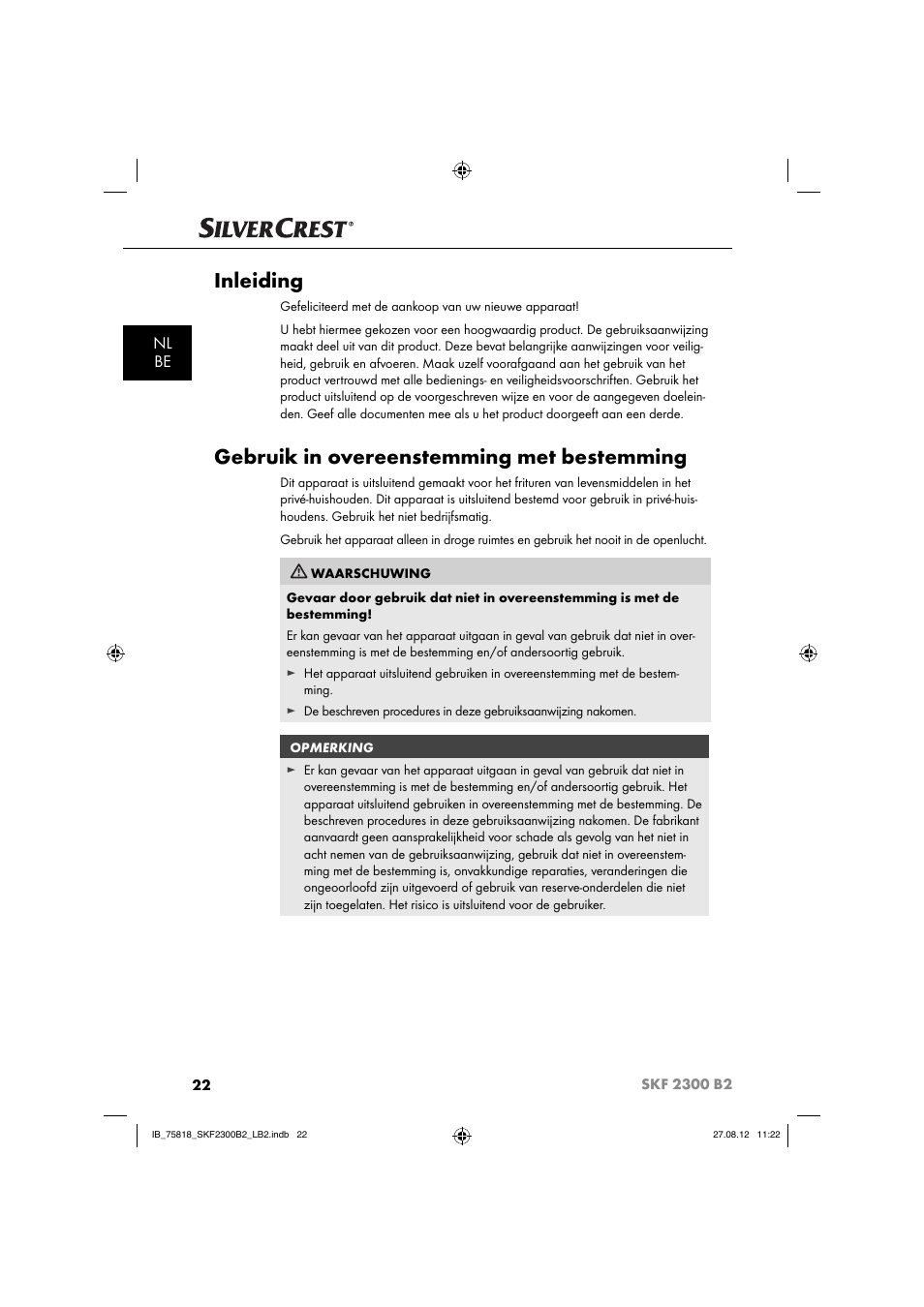 Inleiding, Gebruik in overeenstemming met bestemming, Nl be | Silvercrest SKF 2300 B2 User Manual | Page 25 / 84