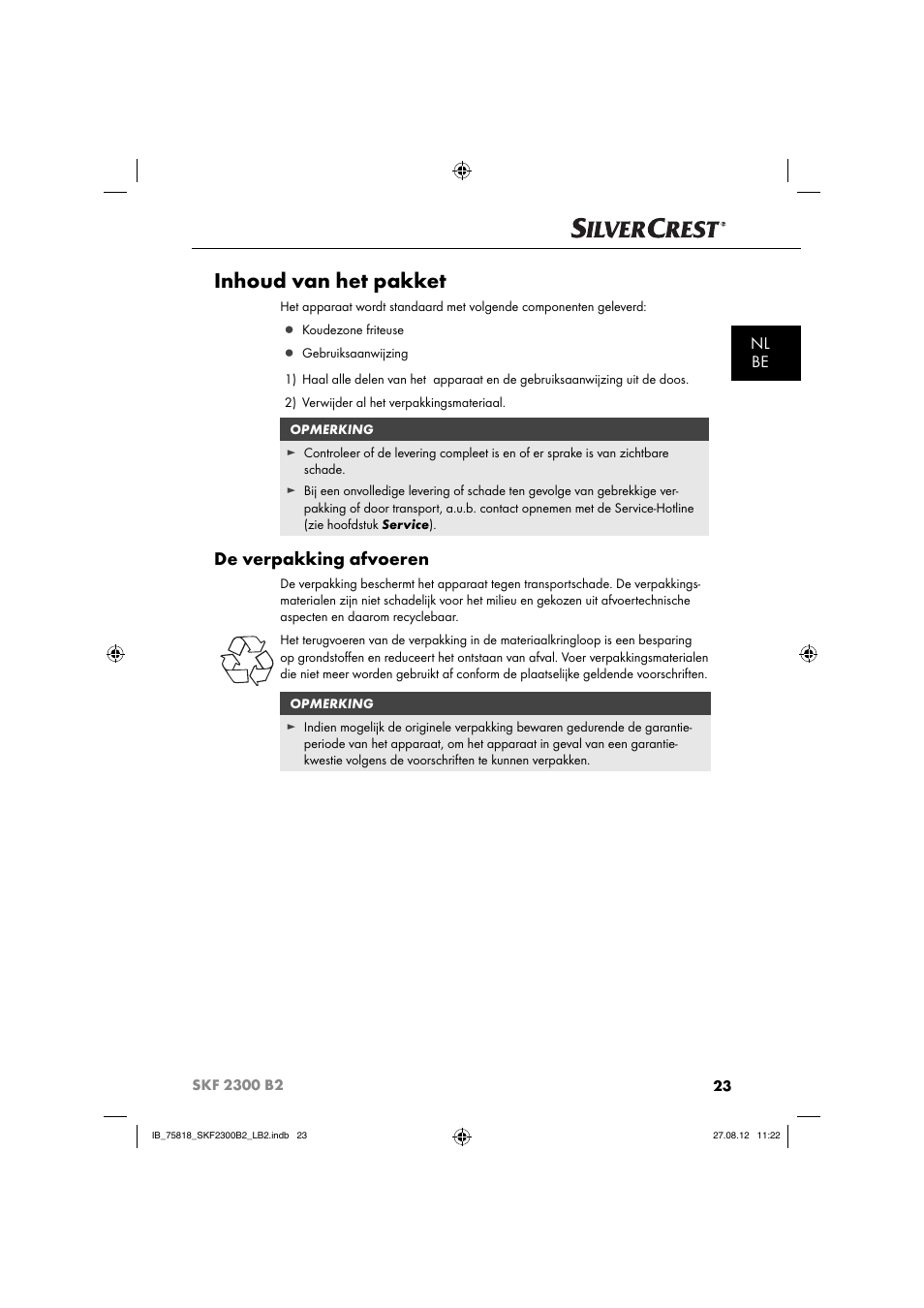 Inhoud van het pakket, De verpakking afvoeren, Nl be | Silvercrest SKF 2300 B2 User Manual | Page 26 / 84