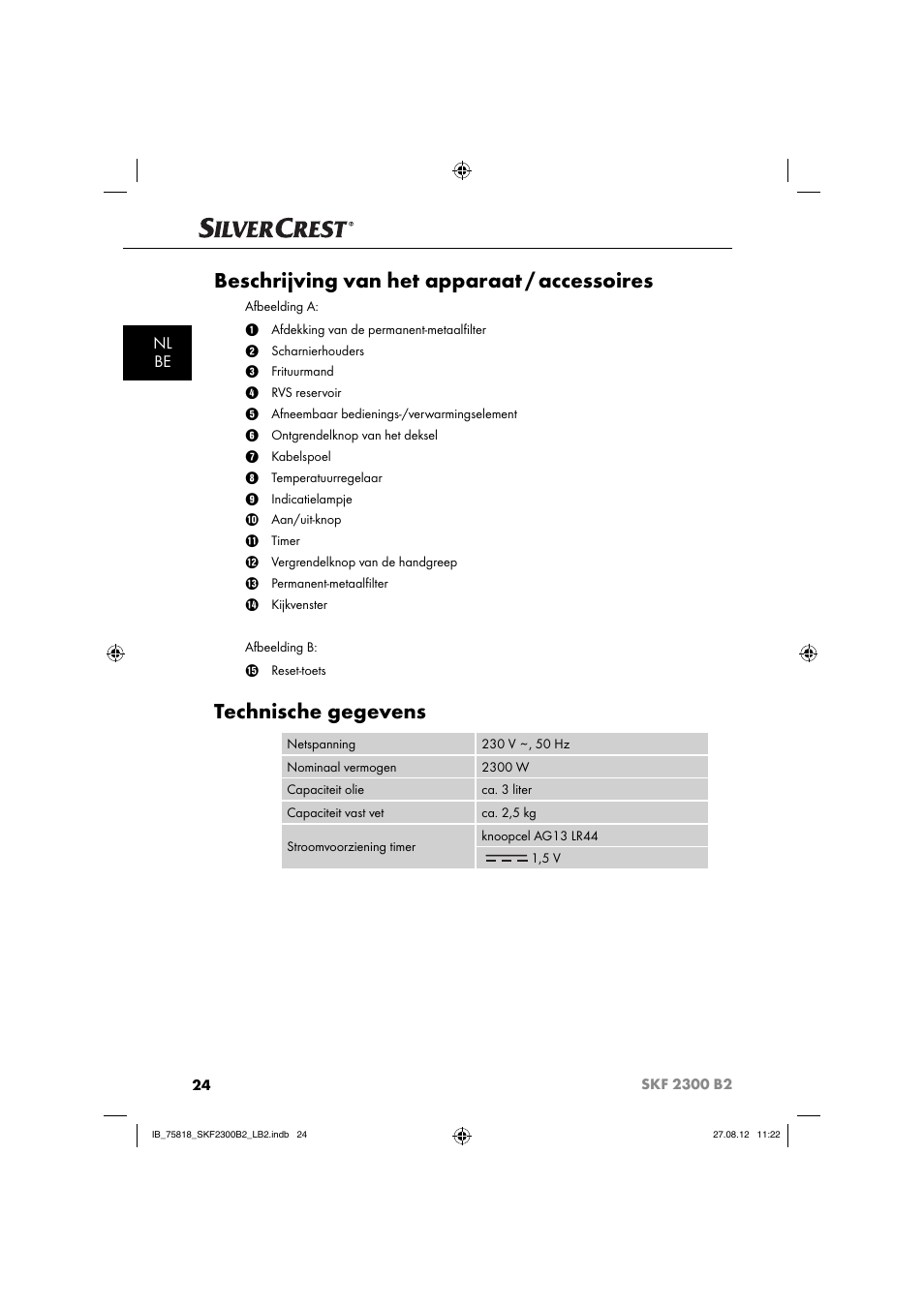 Beschrijving van het apparaat / accessoires, Technische gegevens, Nl be | Silvercrest SKF 2300 B2 User Manual | Page 27 / 84