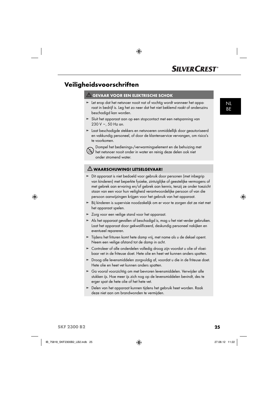 Veiligheidsvoorschriften, Nl be | Silvercrest SKF 2300 B2 User Manual | Page 28 / 84