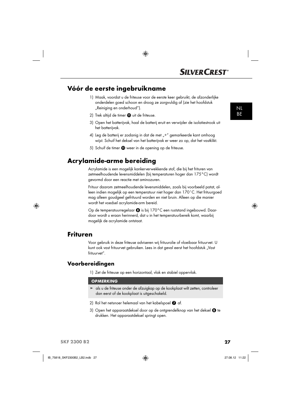 Vóór de eerste ingebruikname, Acrylamide-arme bereiding, Frituren | Voorbereidingen, Nl be | Silvercrest SKF 2300 B2 User Manual | Page 30 / 84