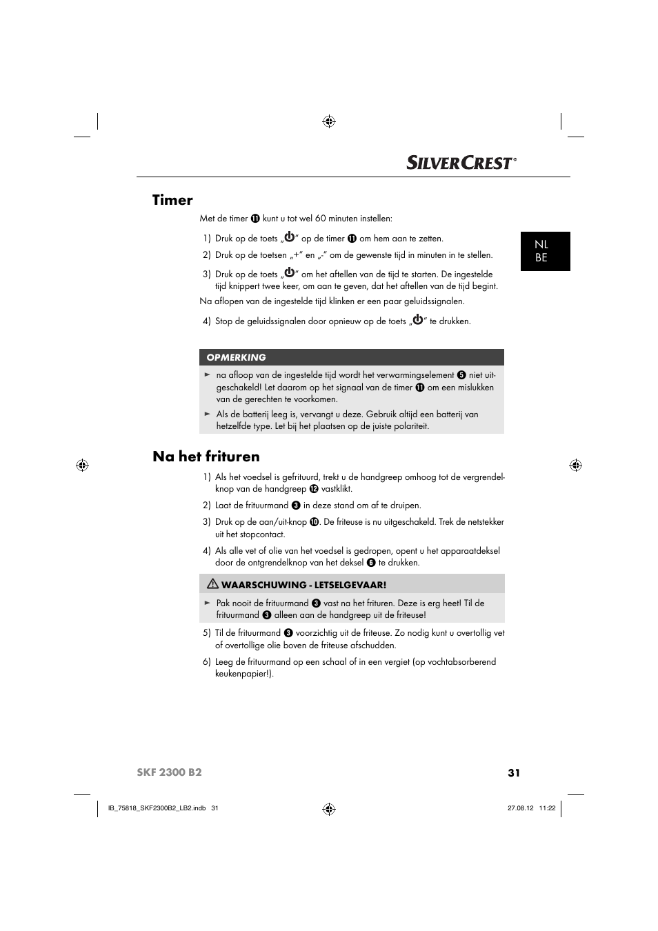 Timer, Na het frituren, Nl be | Silvercrest SKF 2300 B2 User Manual | Page 34 / 84
