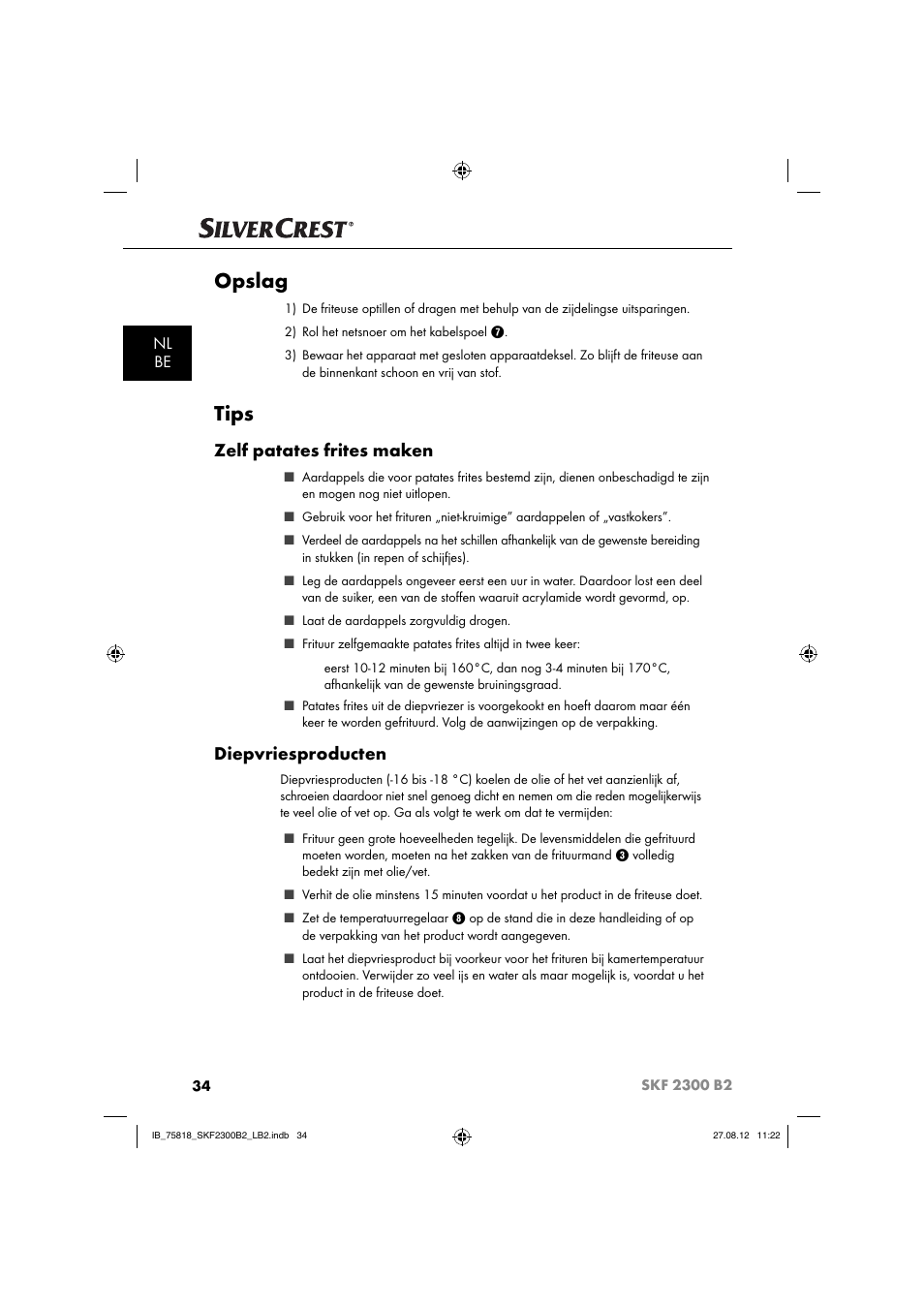 Opslag, Tips, Zelf patates frites maken | Diepvriesproducten, Nl be | Silvercrest SKF 2300 B2 User Manual | Page 37 / 84