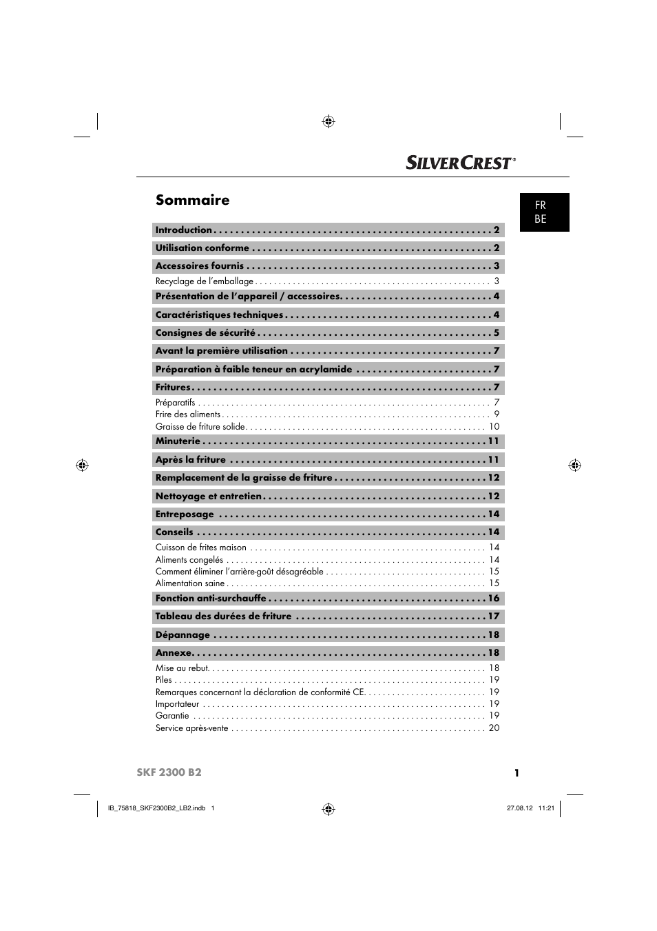 Sommaire, Fr be | Silvercrest SKF 2300 B2 User Manual | Page 4 / 84