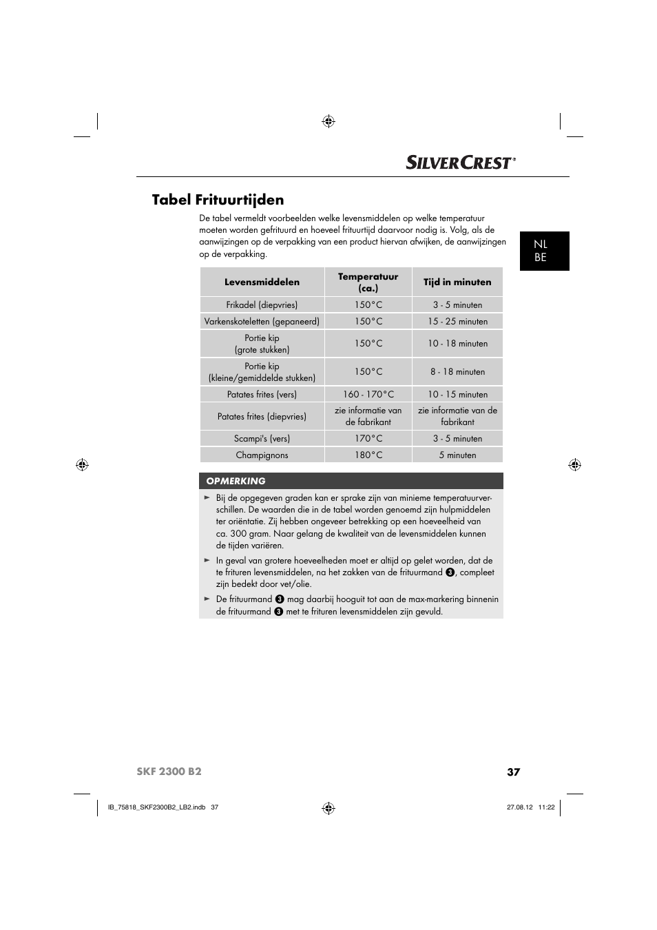 Tabel frituurtijden, Nl be | Silvercrest SKF 2300 B2 User Manual | Page 40 / 84