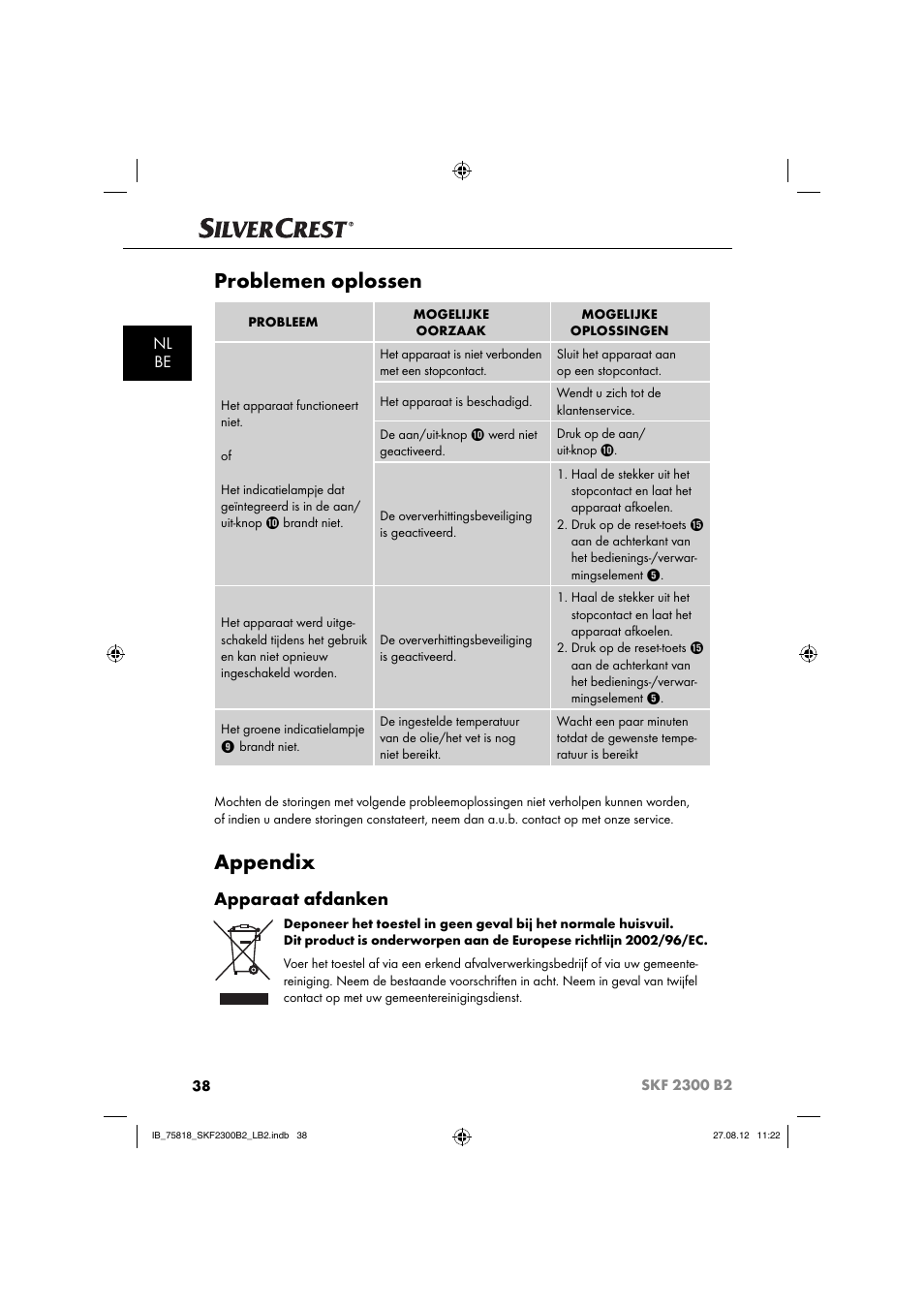 Problemen oplossen, Appendix, Apparaat afdanken | Nl be | Silvercrest SKF 2300 B2 User Manual | Page 41 / 84