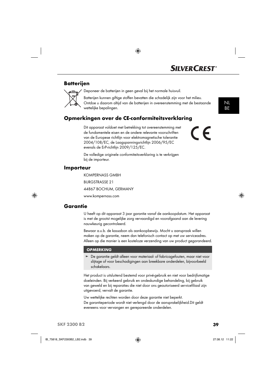 Batterijen, Opmerkingen over de ce-conformiteitsverklaring, Importeur | Garantie, Nl be | Silvercrest SKF 2300 B2 User Manual | Page 42 / 84